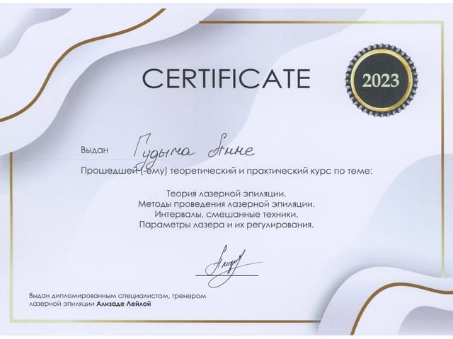 Сертификат мастера ANET LASER