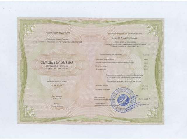 Сертификат мастера ANET LASER